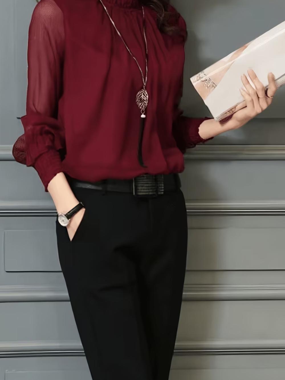 Chic Wine-Red Long-Sleeve Blouse with Sheer Sleeves